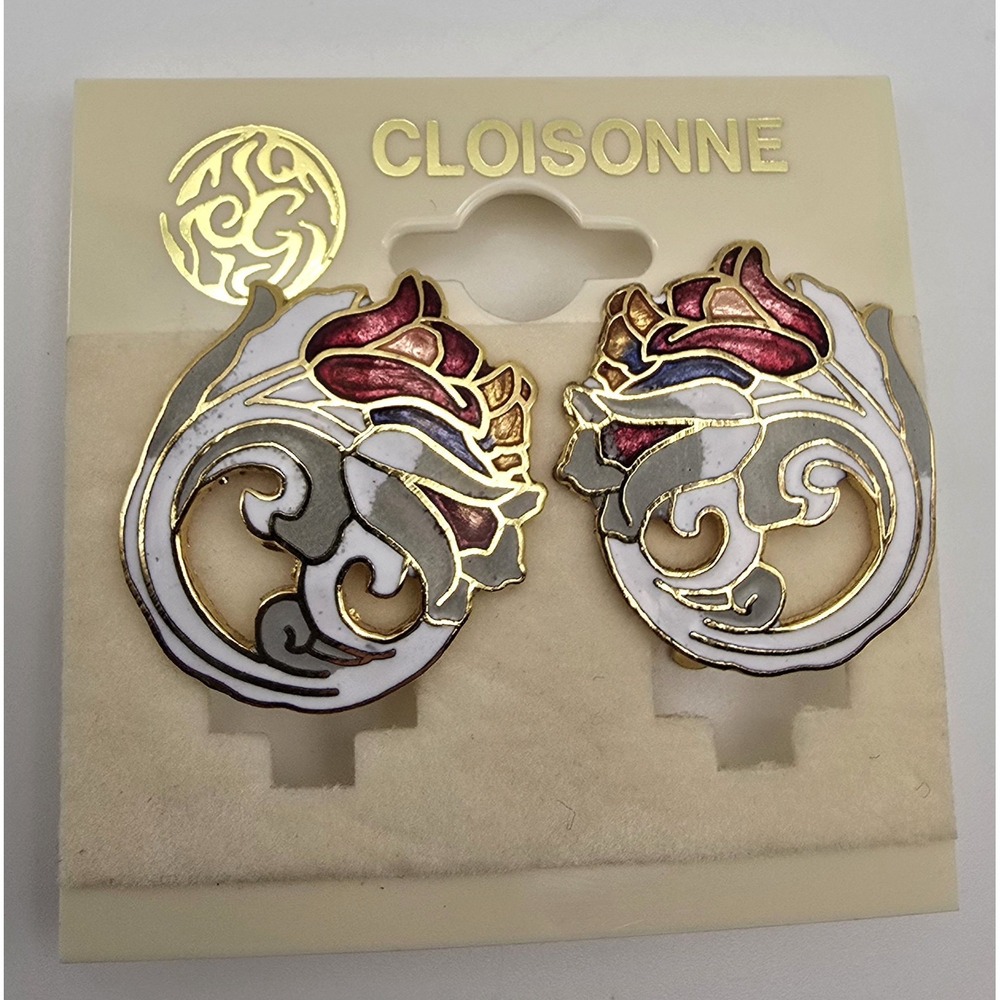 Vintage Cloisonne Dragon Clip On Earrings Taiwan ROC Enamel Gold Tone NOS -3583